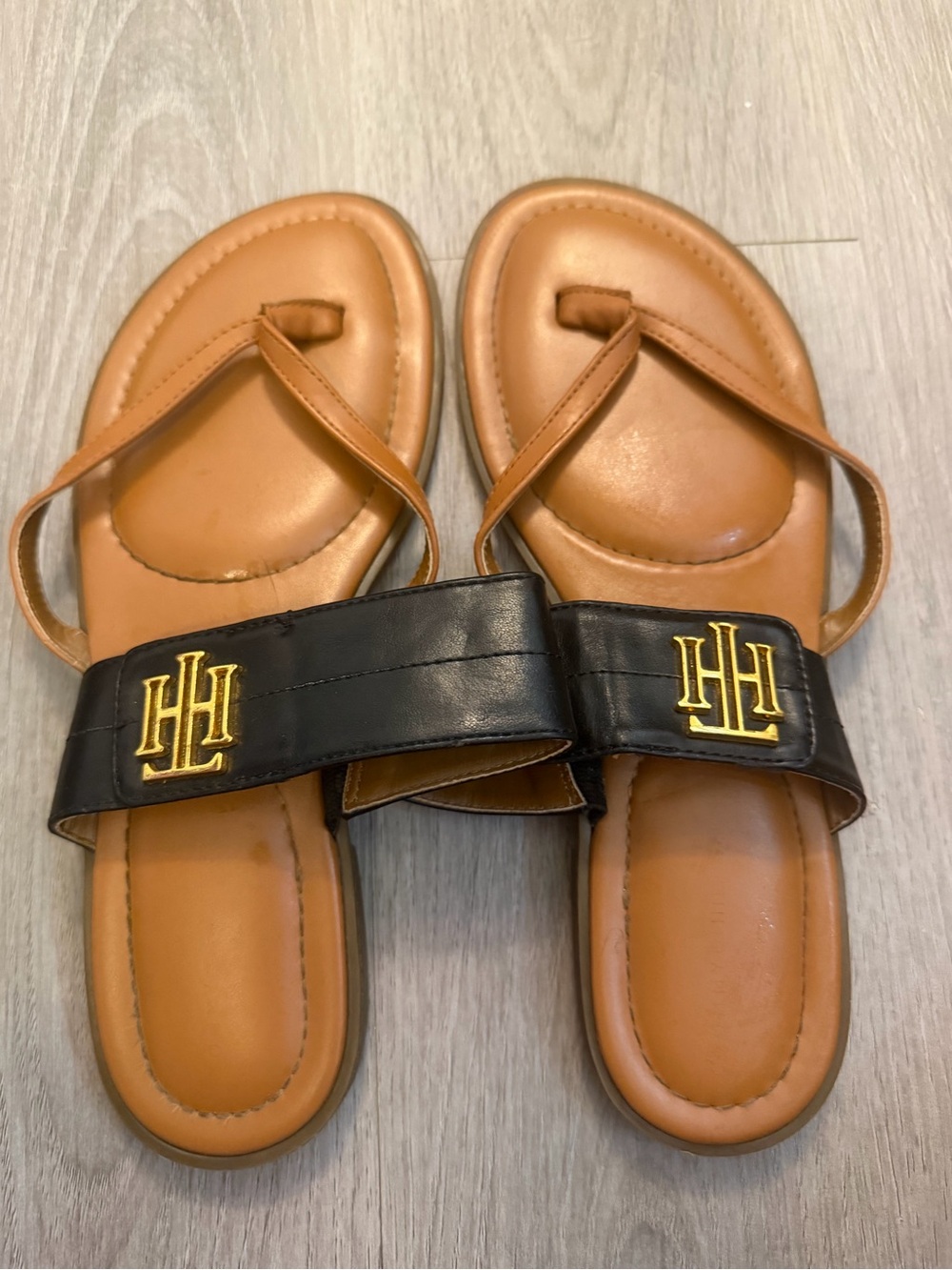 Tommy Hilfiger Brown and Black Leather Slide Sandals with Gold Logo